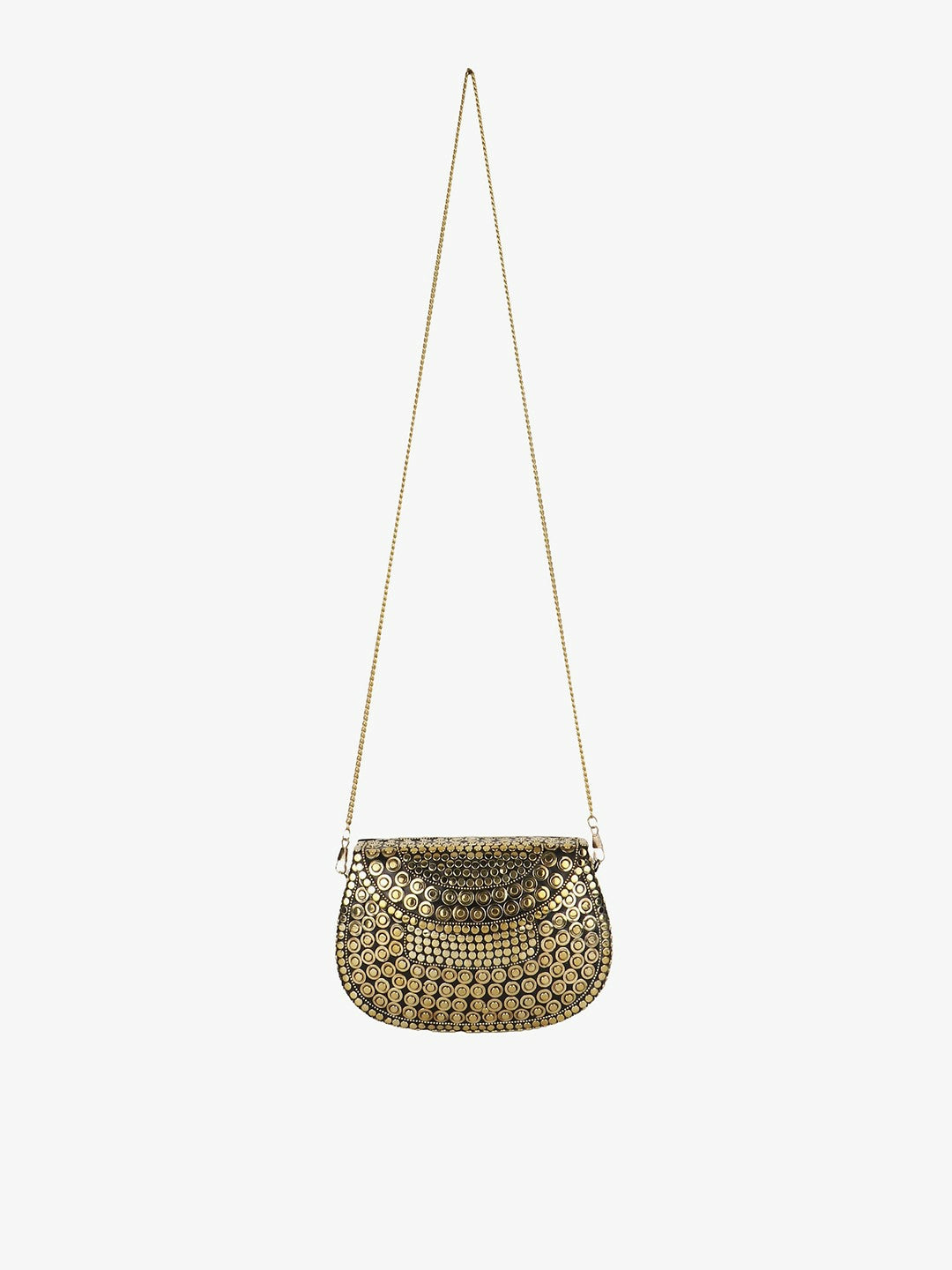 Gold-Toned Embellished Half Moon Clutch – Stylish Metal Evening Bag with Shoulder Strap