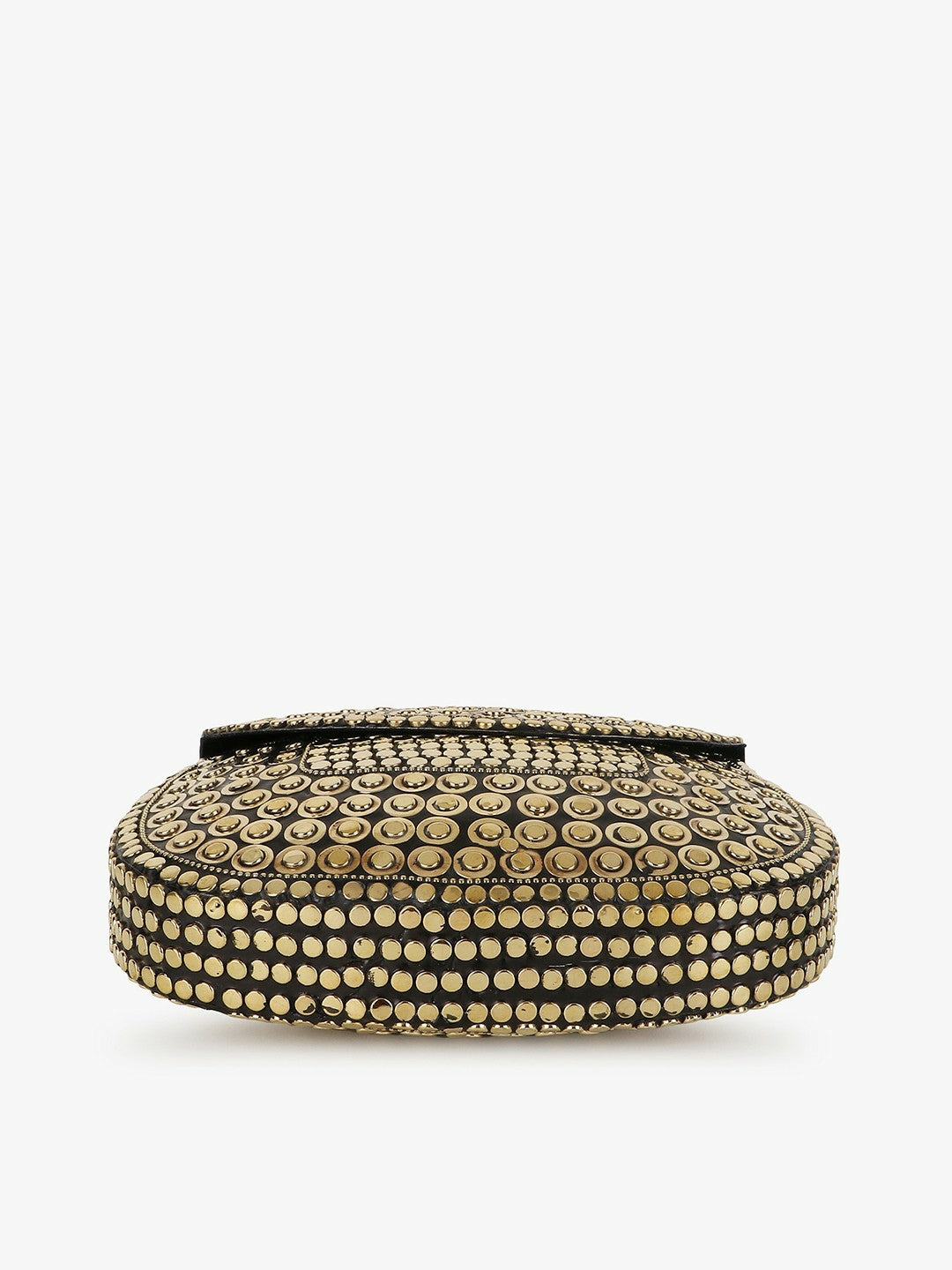 Gold-Toned Embellished Half Moon Clutch – Stylish Metal Evening Bag with Shoulder Strap