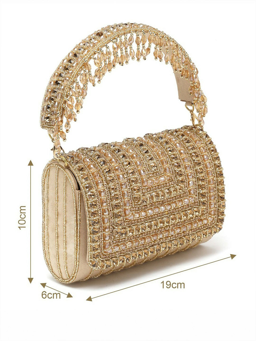 Nude & Gold Embellished Envelope Clutch – Elegant Handbag with Wrist Loop & Button Closure