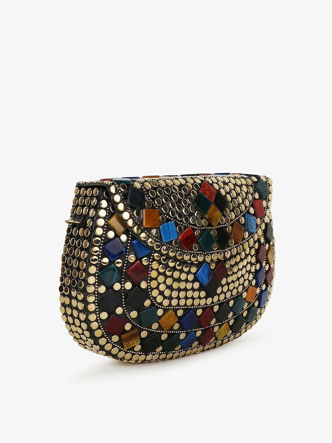 Gold-Toned & Blue Embellished Half Moon Clutch – Elegant Evening Bag with Shoulder Strap