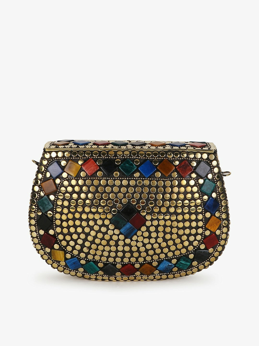 Gold-Toned & Blue Embellished Half Moon Clutch – Elegant Evening Bag with Shoulder Strap