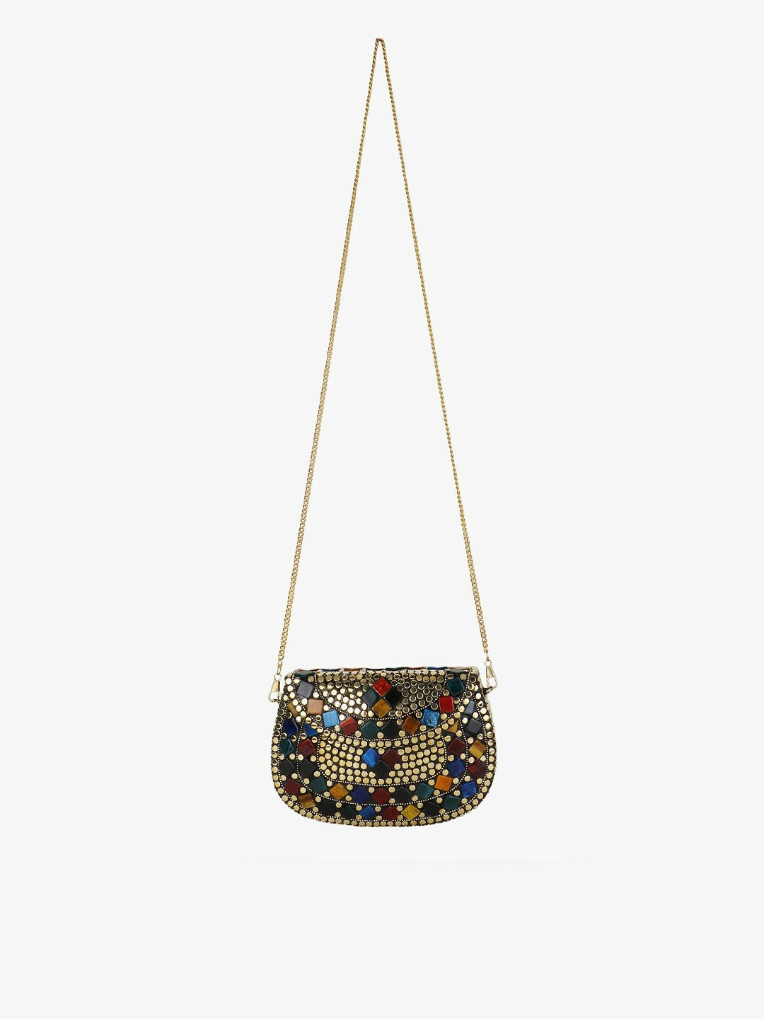 Gold-Toned & Blue Embellished Half Moon Clutch – Elegant Evening Bag with Shoulder Strap