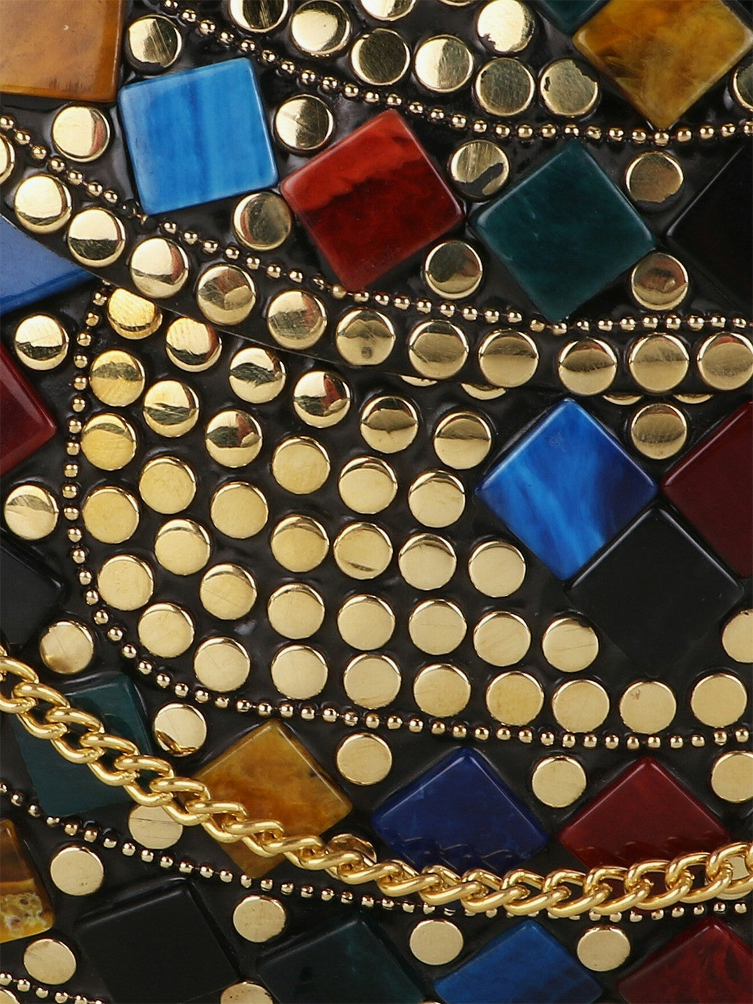 Gold-Toned & Blue Embellished Half Moon Clutch – Elegant Evening Bag with Shoulder Strap