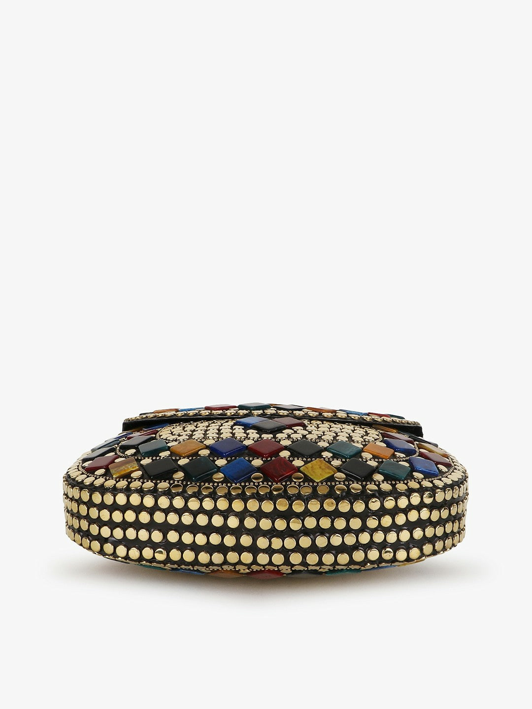 Gold-Toned & Blue Embellished Half Moon Clutch – Elegant Evening Bag with Shoulder Strap