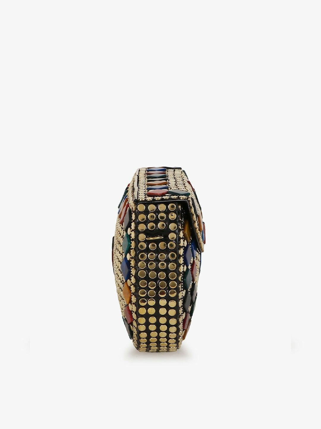 Gold-Toned & Blue Embellished Half Moon Clutch – Elegant Evening Bag with Shoulder Strap