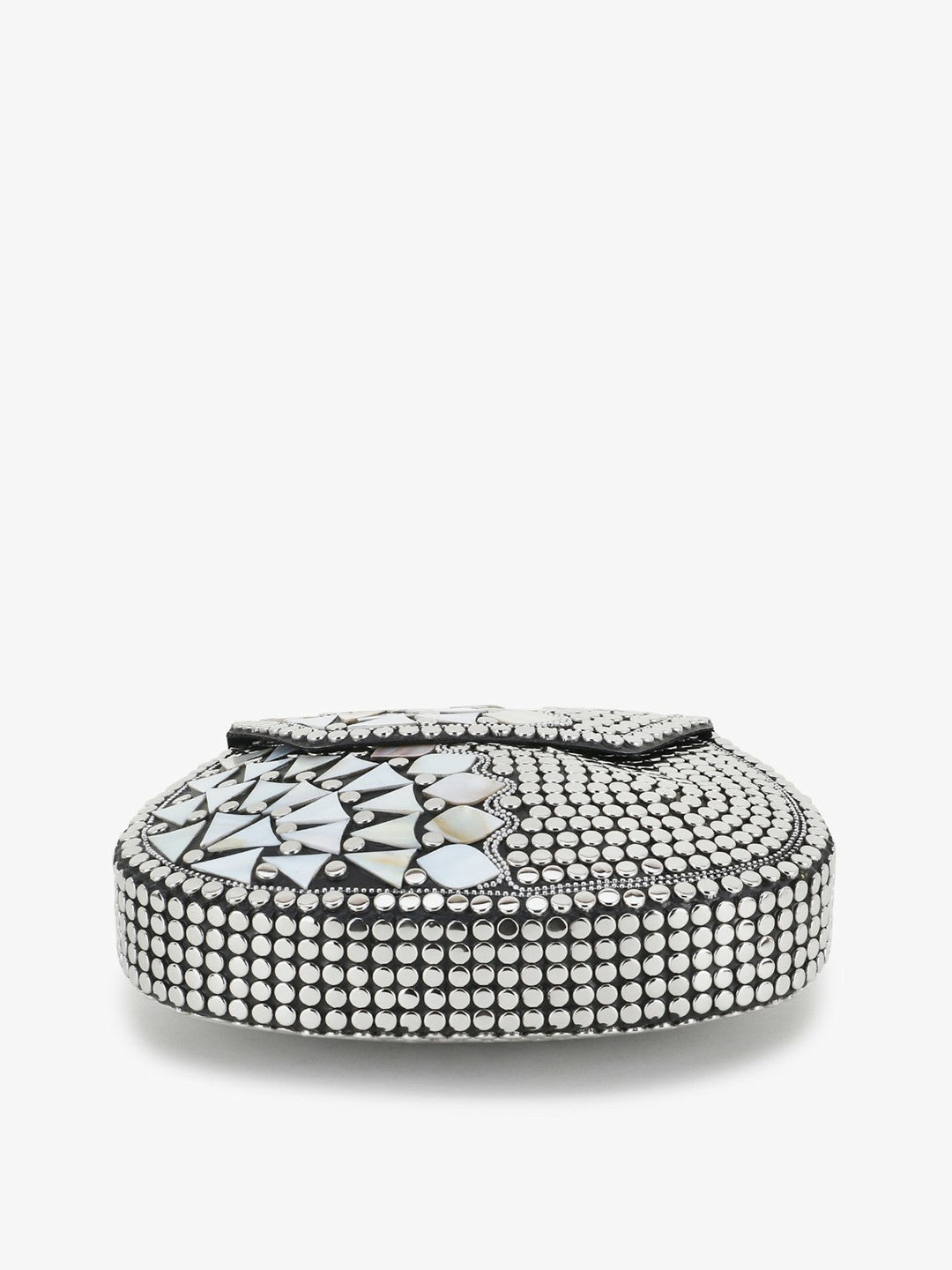 Silver-Toned & Black Embellished Half Moon Clutch – Stylish Metal Evening Bag with Shoulder Strap