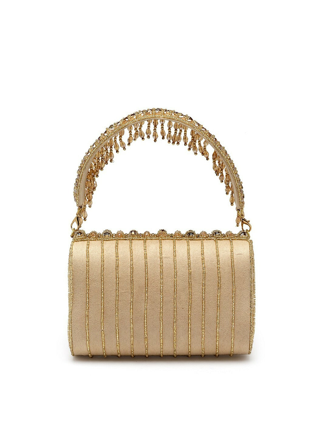 Nude & Gold Embellished Envelope Clutch – Elegant Handbag with Wrist Loop & Button Closure