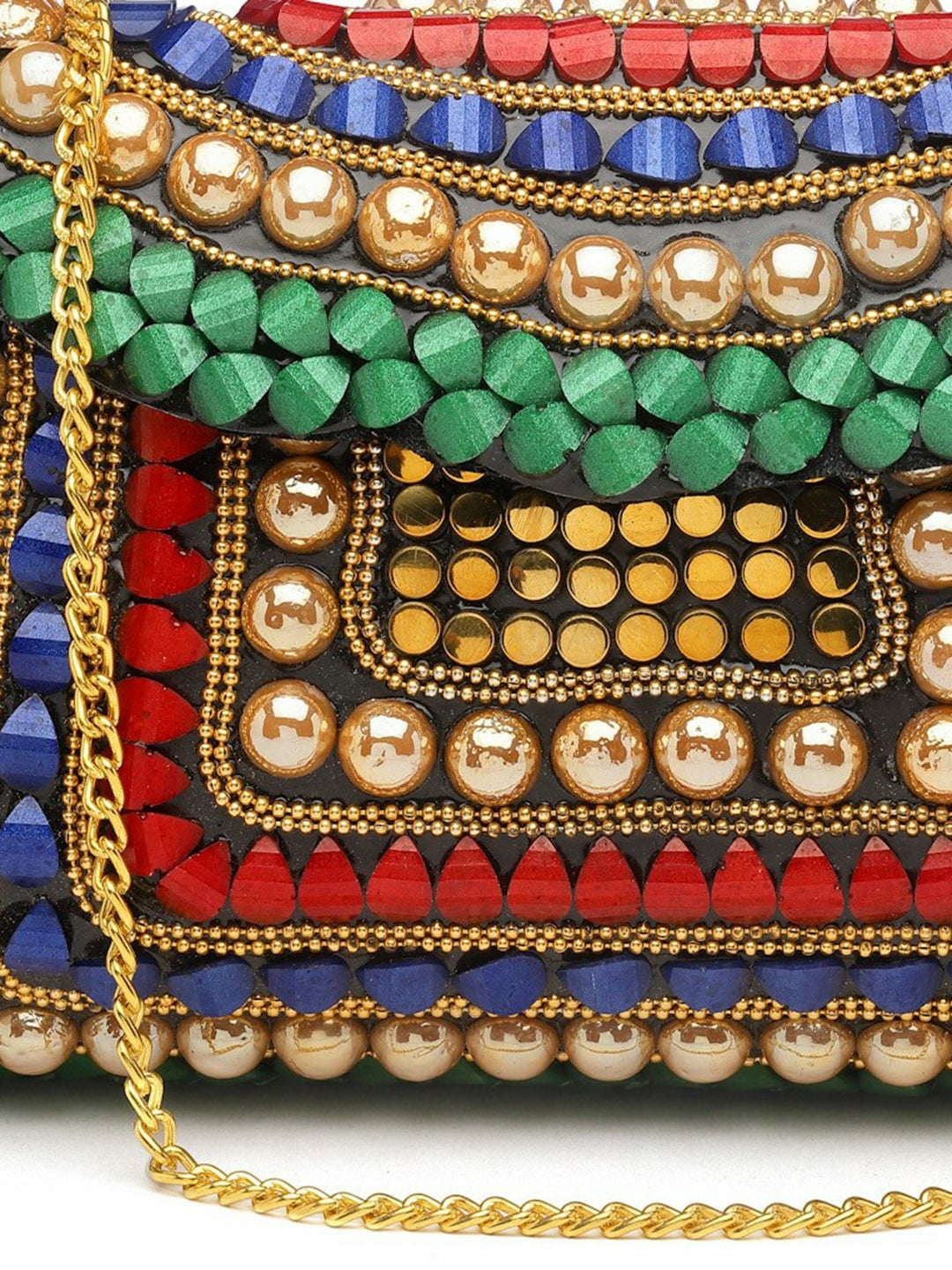 Green, Blue & Gold-Toned Embellished Envelope Clutch – Stylish Party Purse with Shoulder Strap