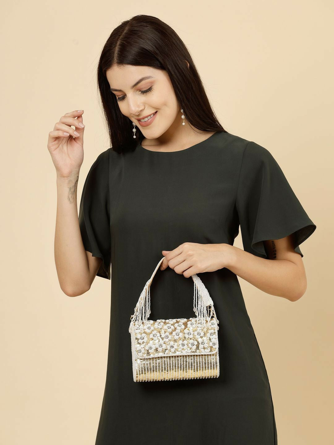 Champagne & White Embellished Tassel Foldover Clutch – Elegant Handbag with Wrist Loop