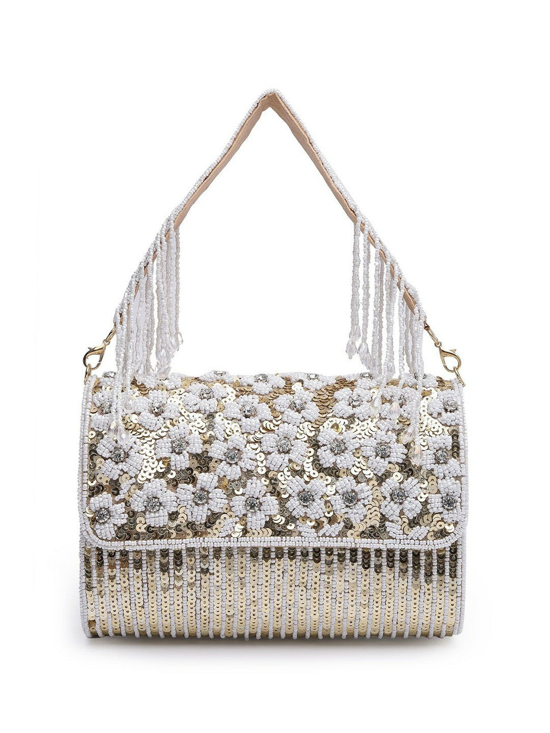 Champagne & White Embellished Tassel Foldover Clutch – Elegant Handbag with Wrist Loop