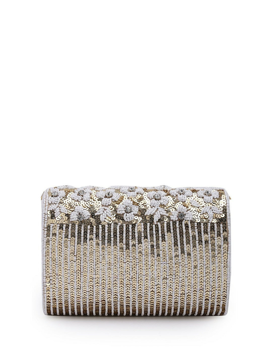 Champagne & White Embellished Tassel Foldover Clutch – Elegant Handbag with Wrist Loop