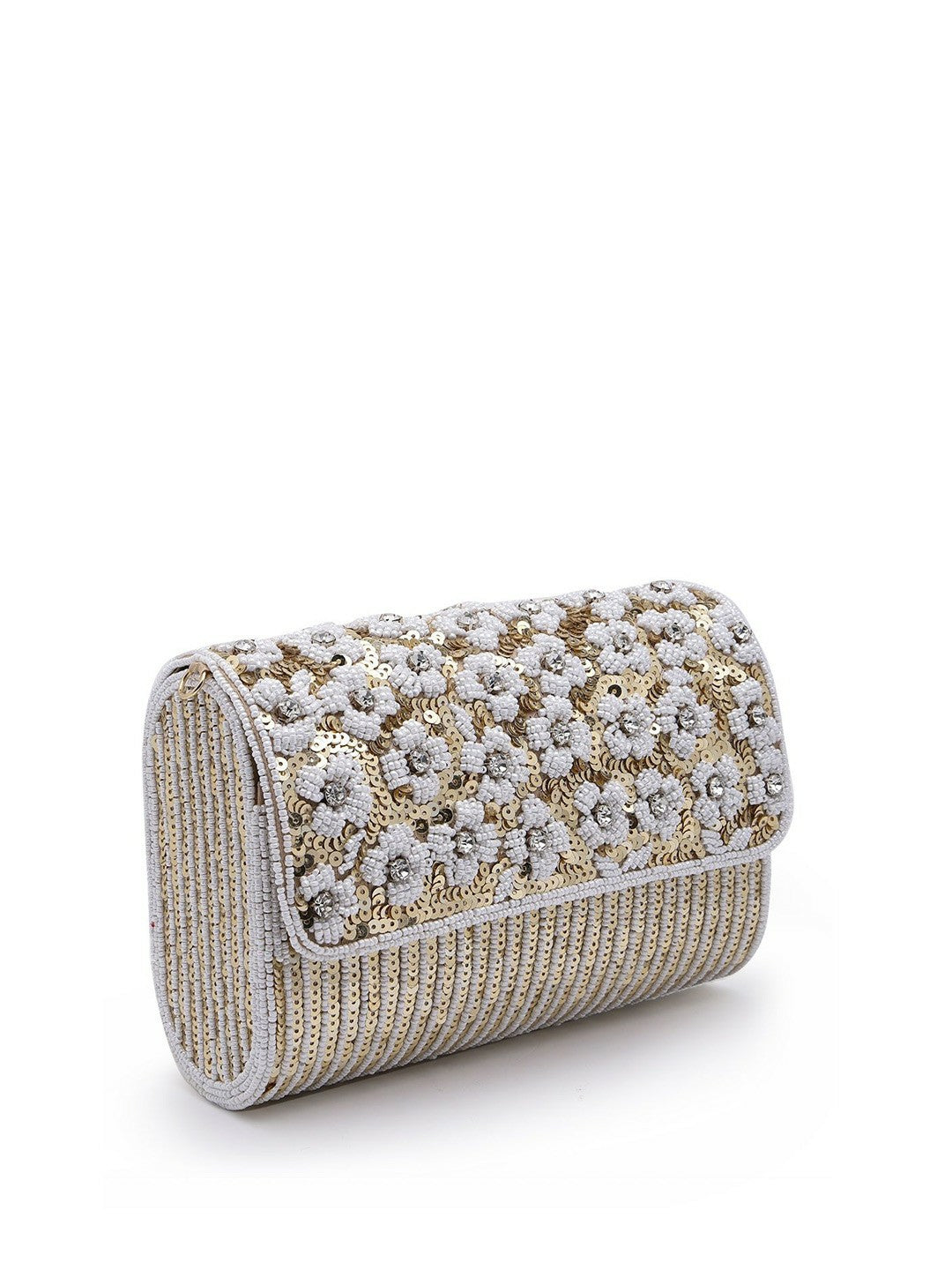 Champagne & White Embellished Tassel Foldover Clutch – Elegant Handbag with Wrist Loop