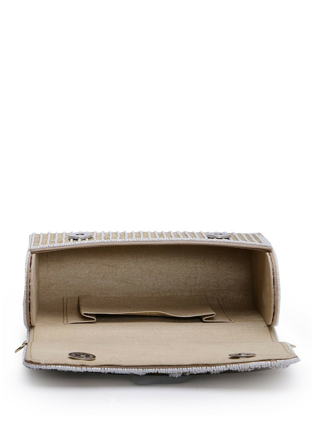 Champagne & White Embellished Tassel Foldover Clutch – Elegant Handbag with Wrist Loop