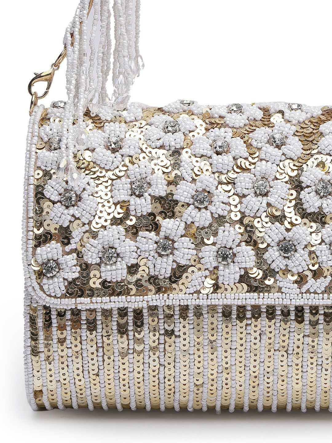 Champagne & White Embellished Tassel Foldover Clutch – Elegant Handbag with Wrist Loop