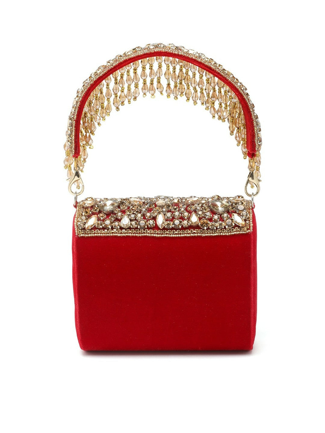 Red Embellished Tassel Box Clutch – Elegant Party Purse with Wrist Loop & Button Closure