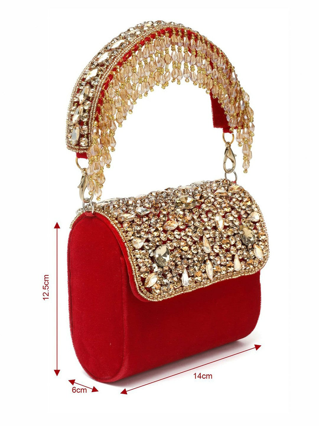 Red Embellished Tassel Box Clutch – Elegant Party Purse with Wrist Loop & Button Closure