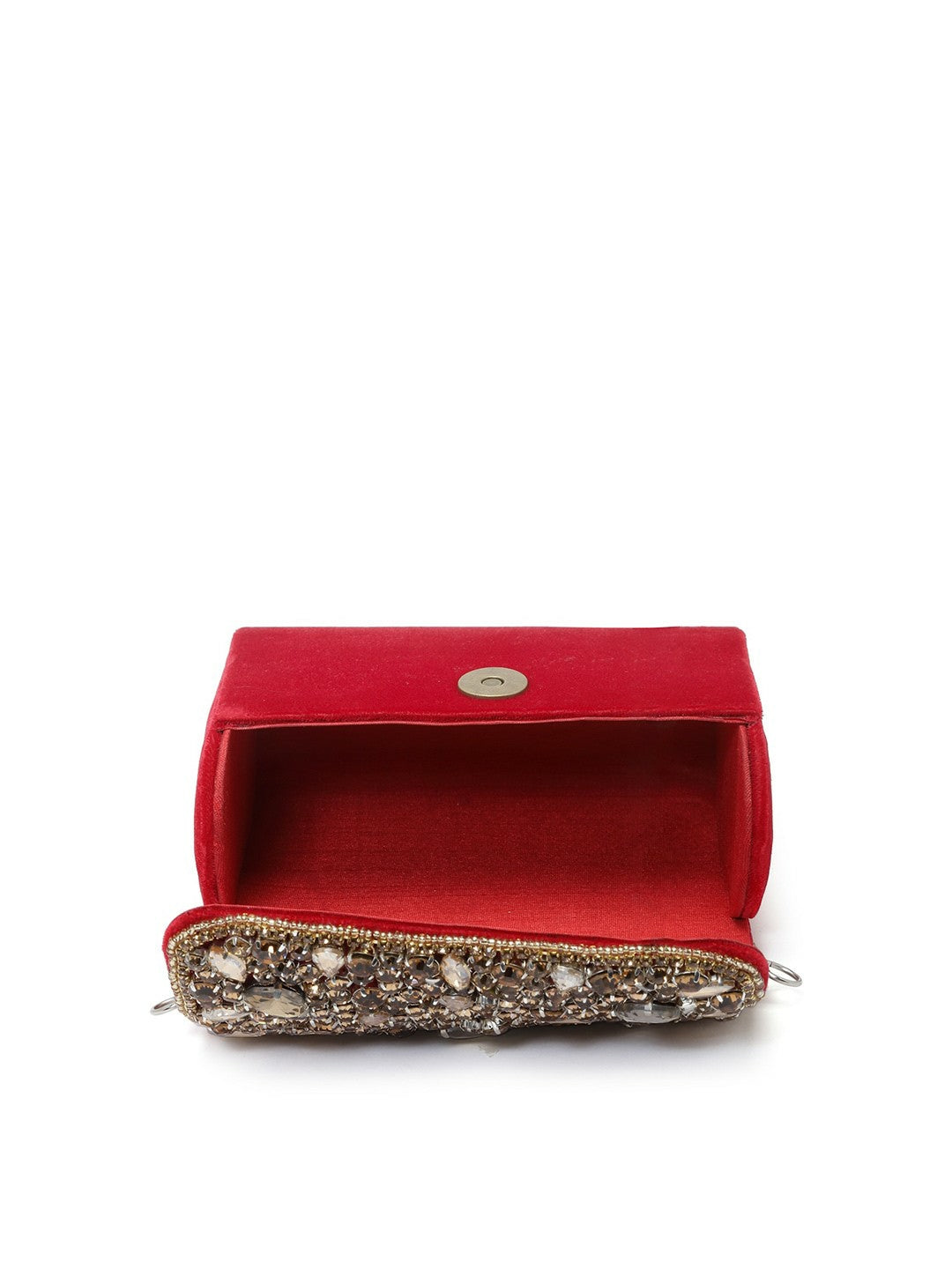 Red Embellished Tassel Box Clutch – Elegant Party Purse with Wrist Loop & Button Closure