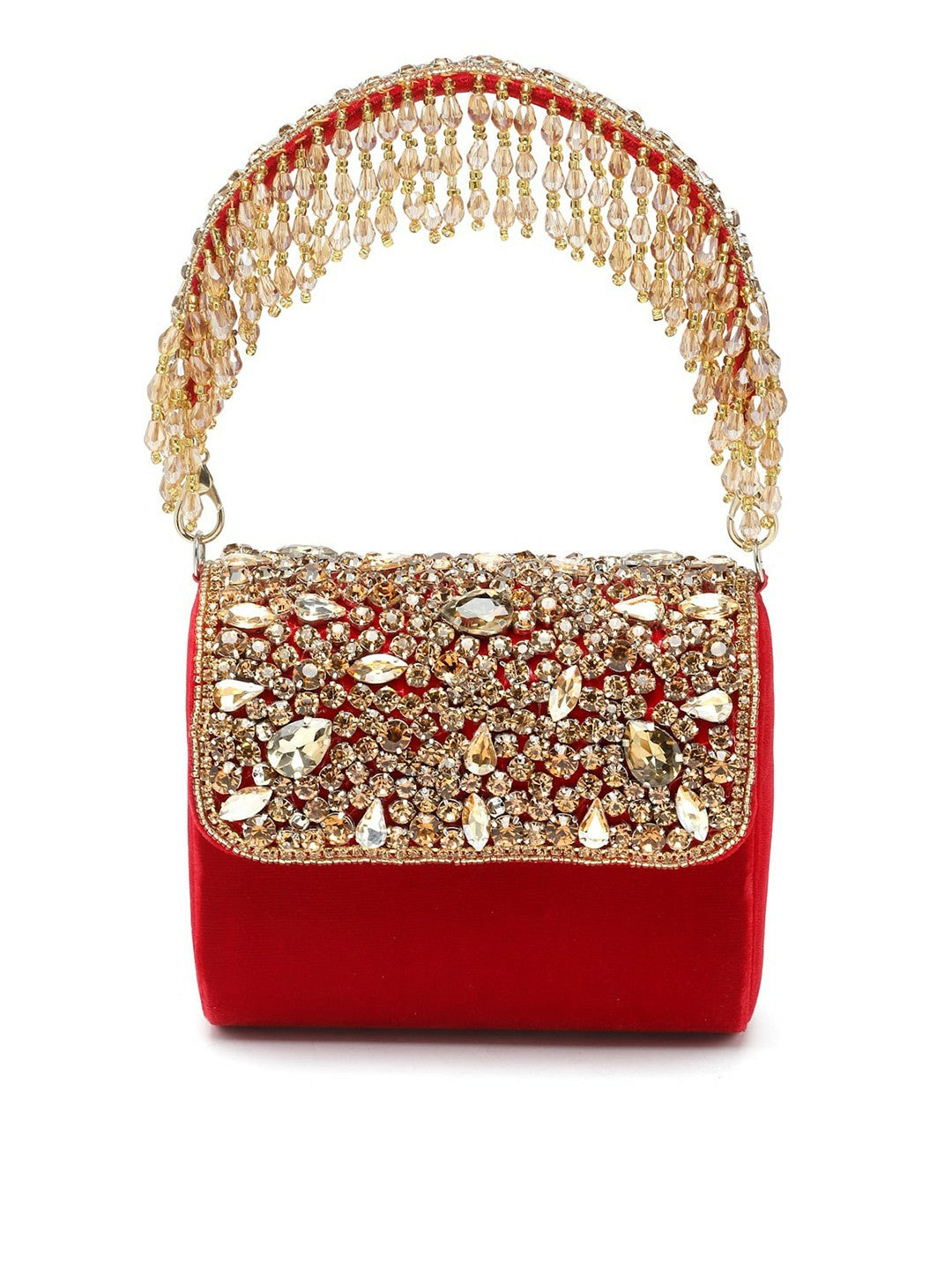 Red Embellished Tassel Box Clutch – Elegant Party Purse with Wrist Loop & Button Closure