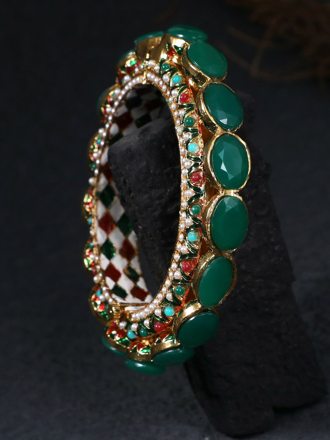 24 CT Gold-Plated Green & Red Stone Handcrafted Bangle | Indiaista