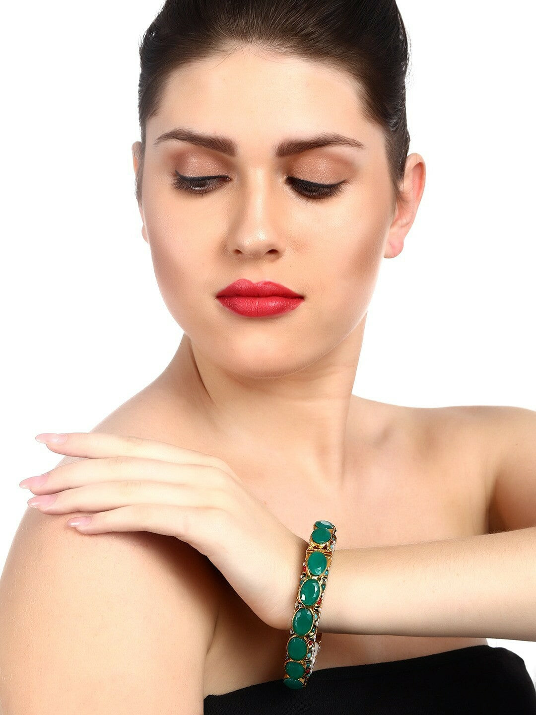 24 CT Gold-Plated Green & Red Stone Handcrafted Bangle | Indiaista