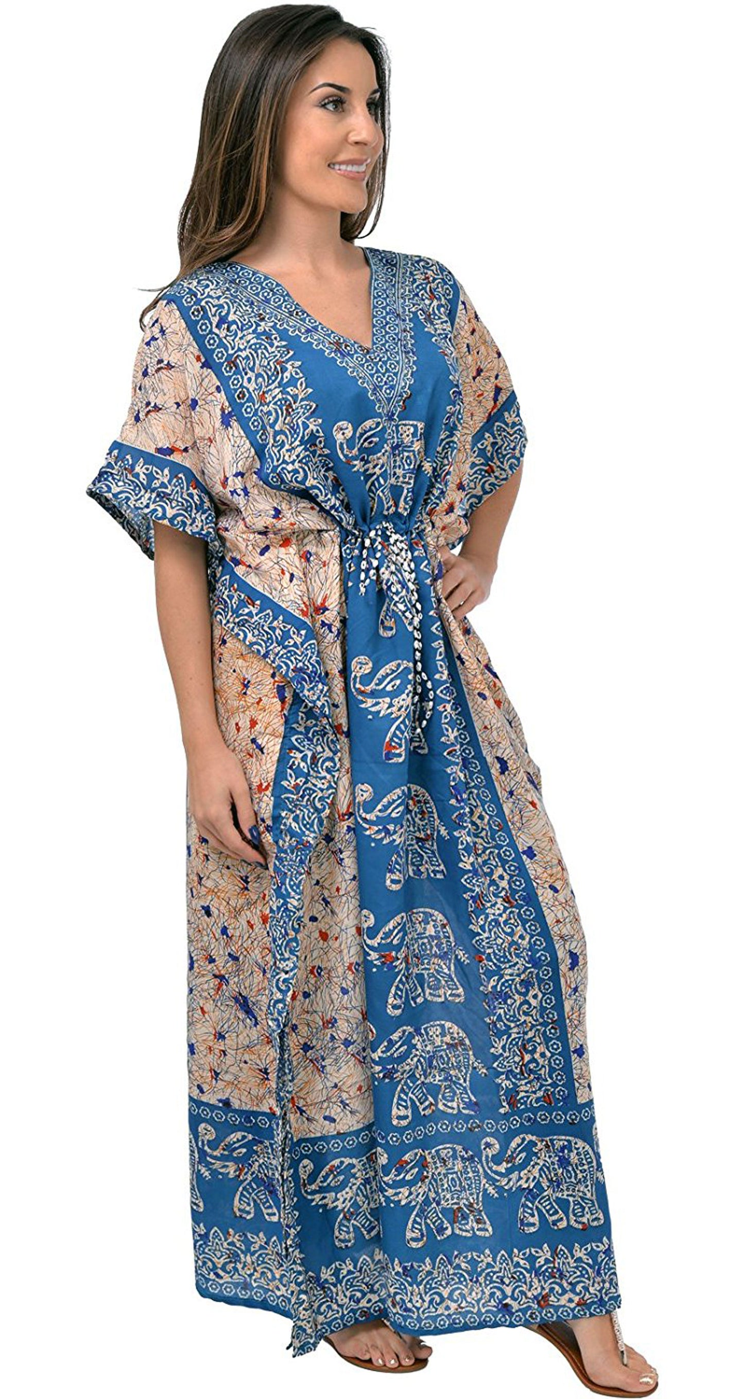 Women's Long Kaftan Dress – Boho Hippy Maxi, Plus Size Caftan Tunic, V-Neck, Floral Print | Indiaista