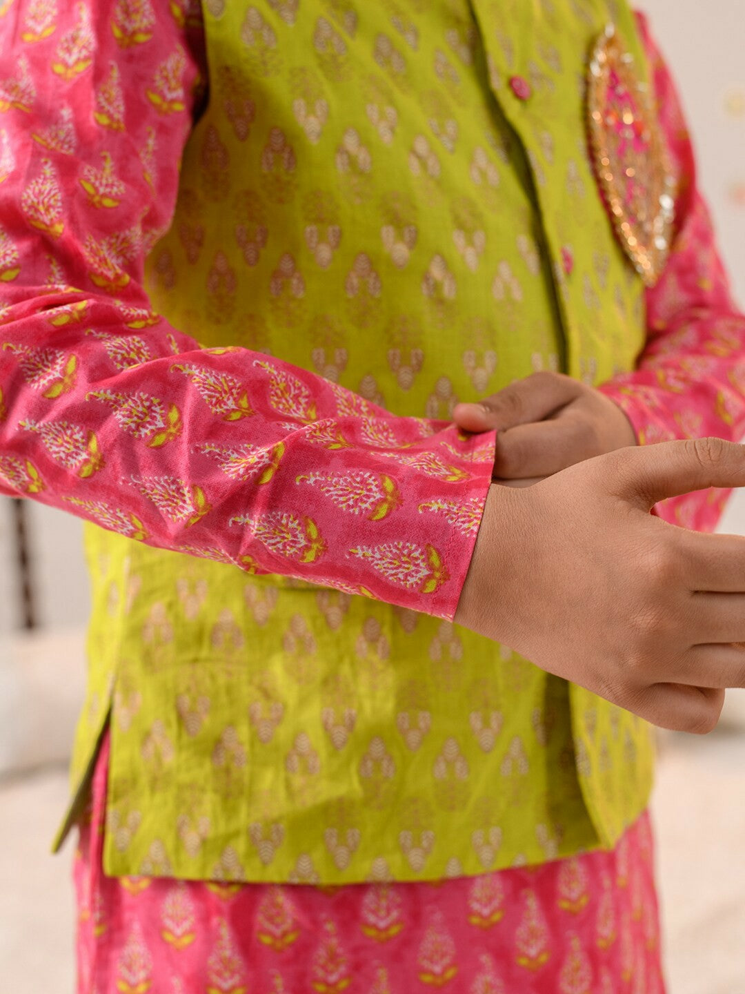 Boys Green Printed Kurta with Pyjama & Nehru Jacket – Ethnic Indian Outfit for Weddings & Festivals