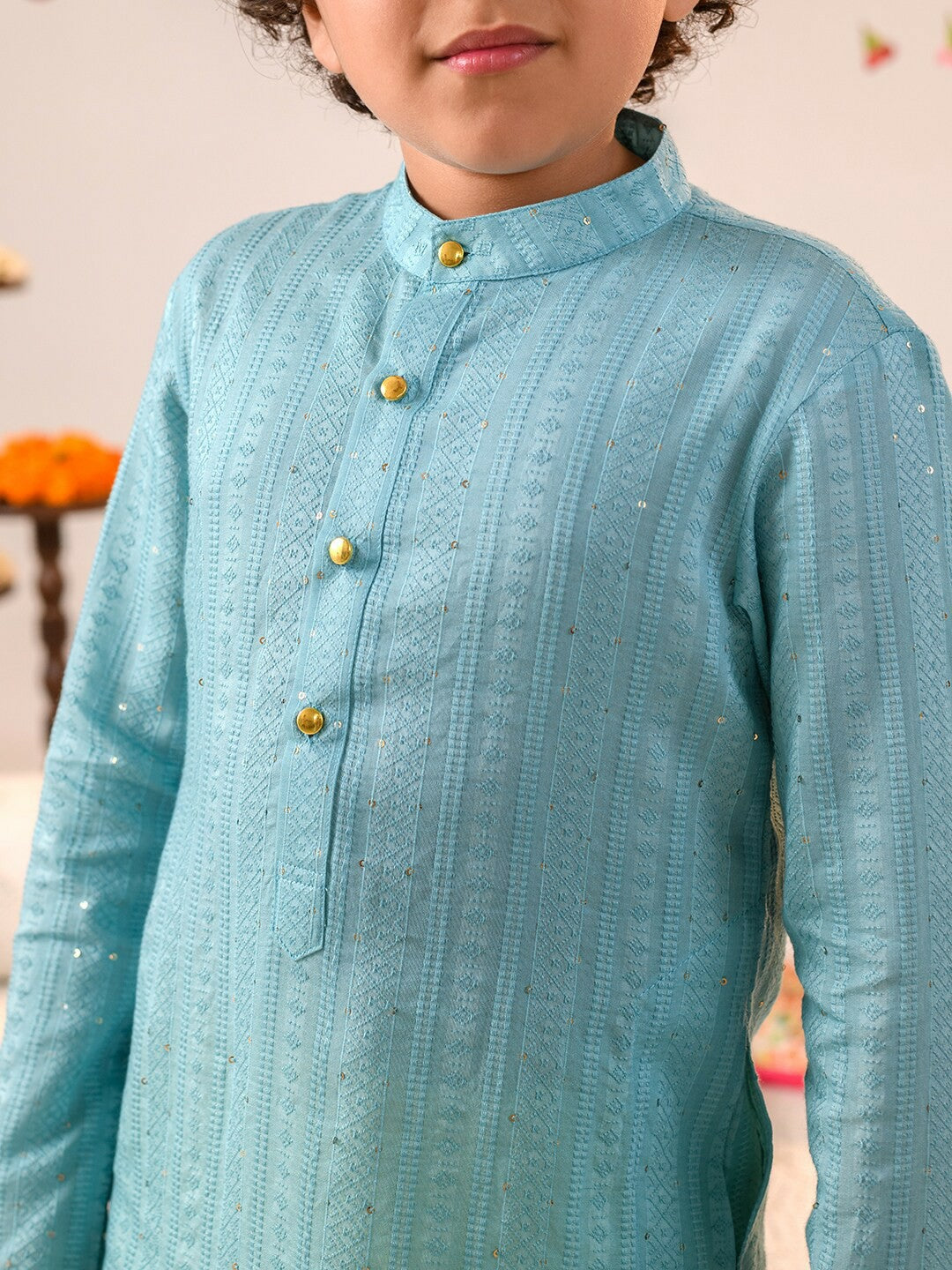 Boys Blue Printed Kurta with Pyjama – Ethnic Cotton Kurta Set for Weddings & Festivals