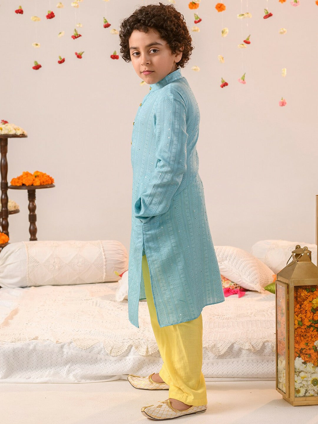 Boys Blue Printed Kurta with Pyjama – Ethnic Cotton Kurta Set for Weddings & Festivals