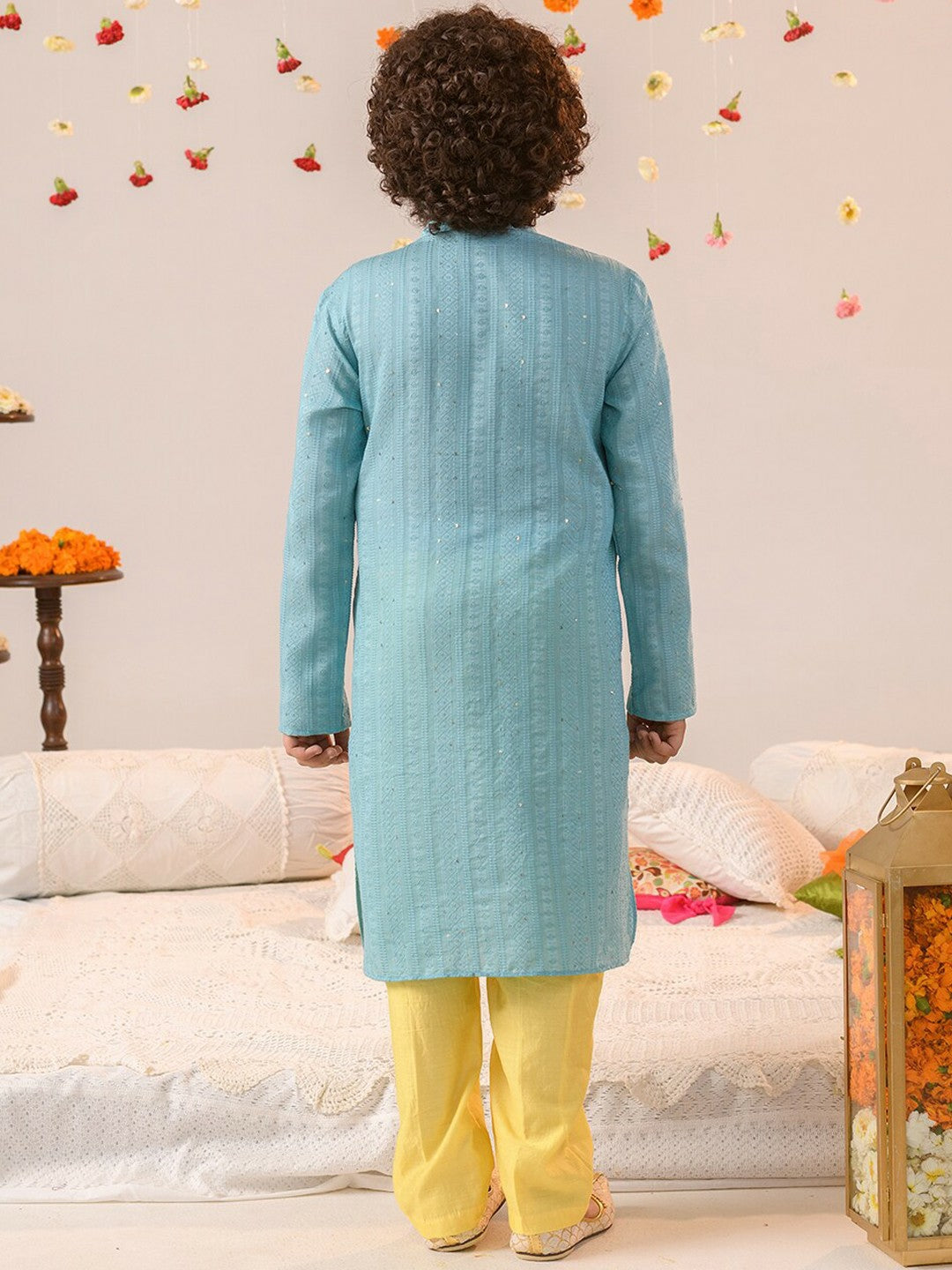 Boys Blue Printed Kurta with Pyjama – Ethnic Cotton Kurta Set for Weddings & Festivals