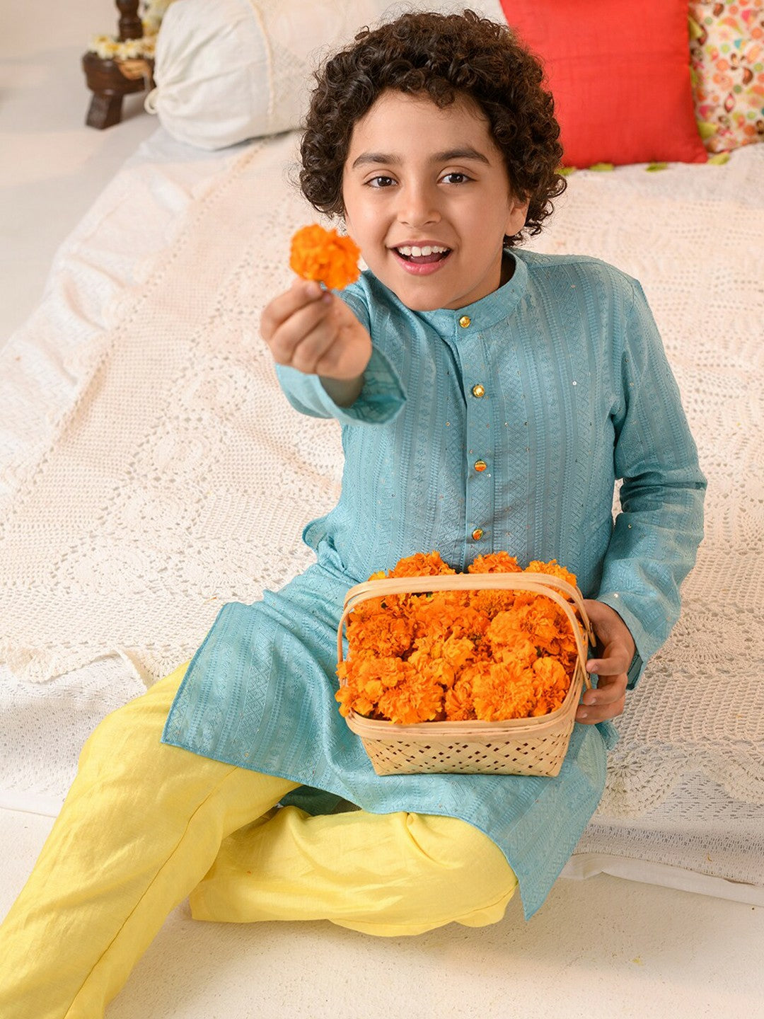 Boys Blue Printed Kurta with Pyjama – Ethnic Cotton Kurta Set for Weddings & Festivals