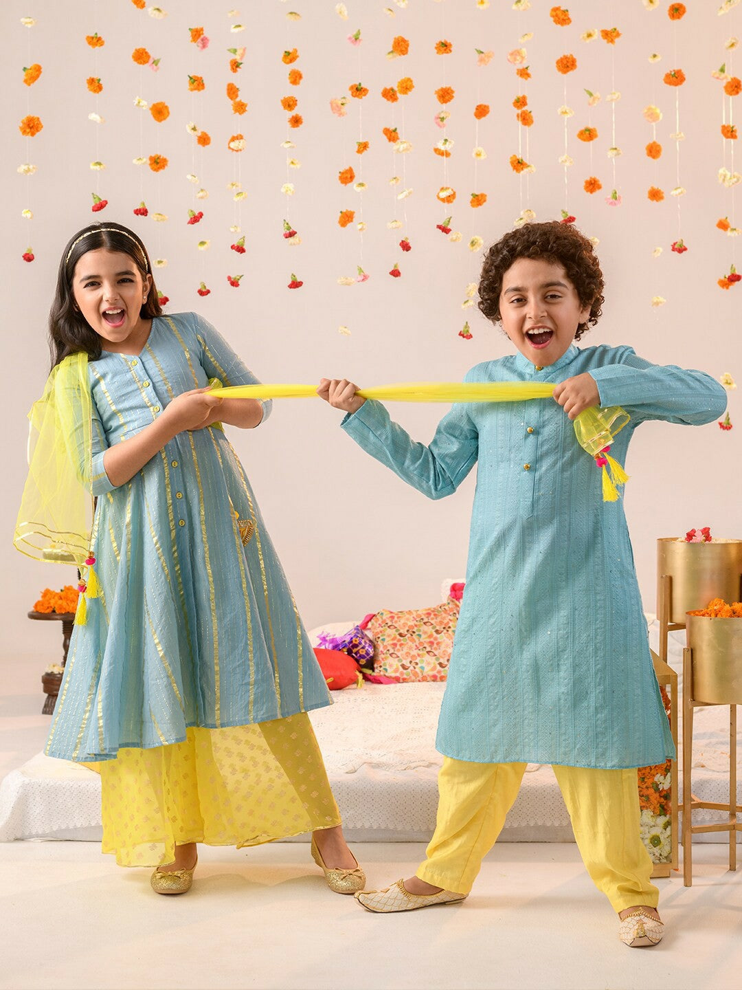 Boys Blue Printed Kurta with Pyjama – Ethnic Cotton Kurta Set for Weddings & Festivals