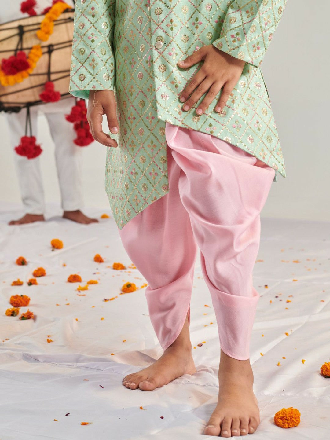 Green Embroidered Kurta with Dhoti Pants – Boys Ethnic Wear for Weddings & Festivals