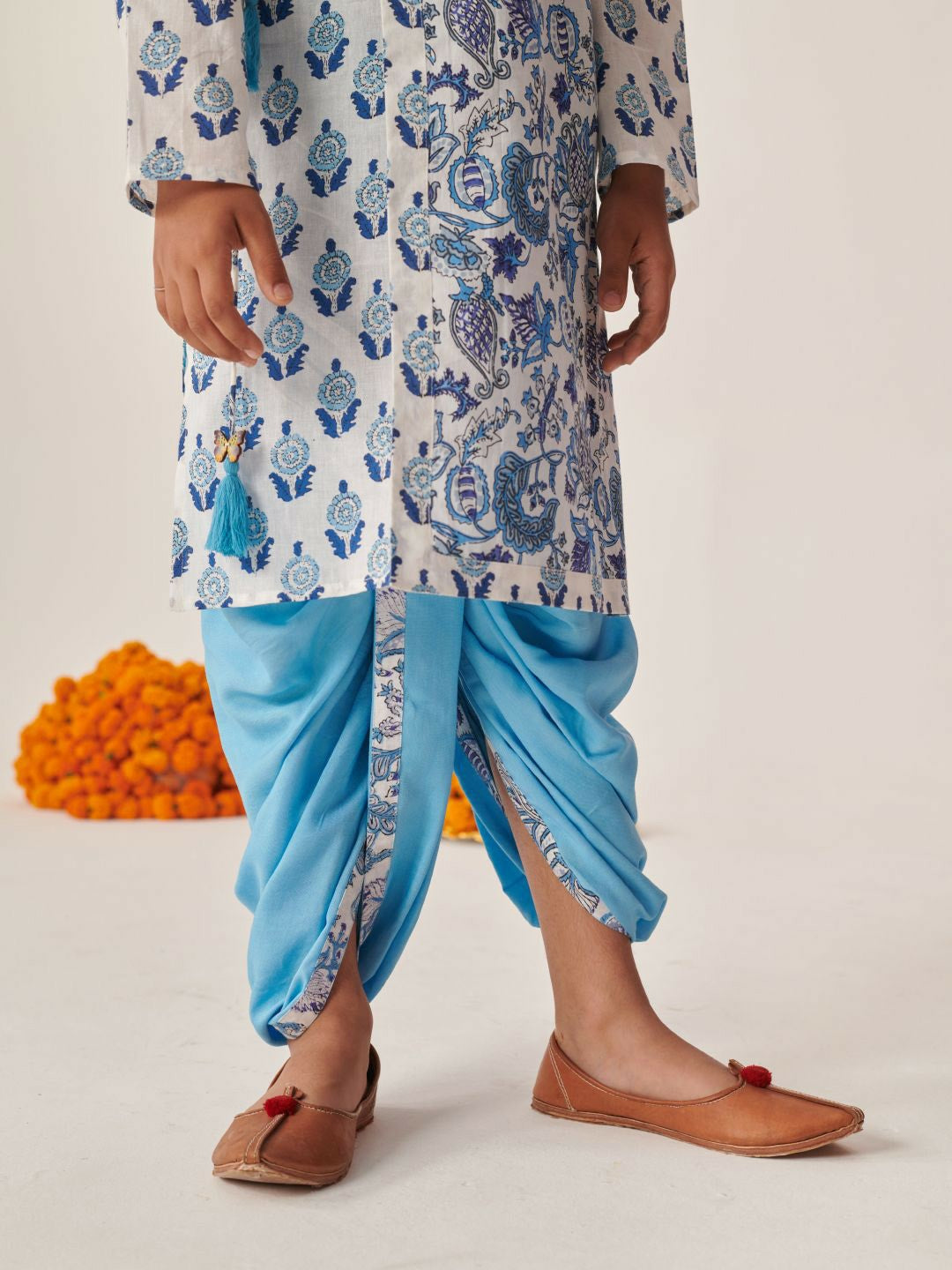 Boys Blue Printed Kurta with Dhoti Pants – Traditional Indian Ethnic Wear for Weddings & Festivals