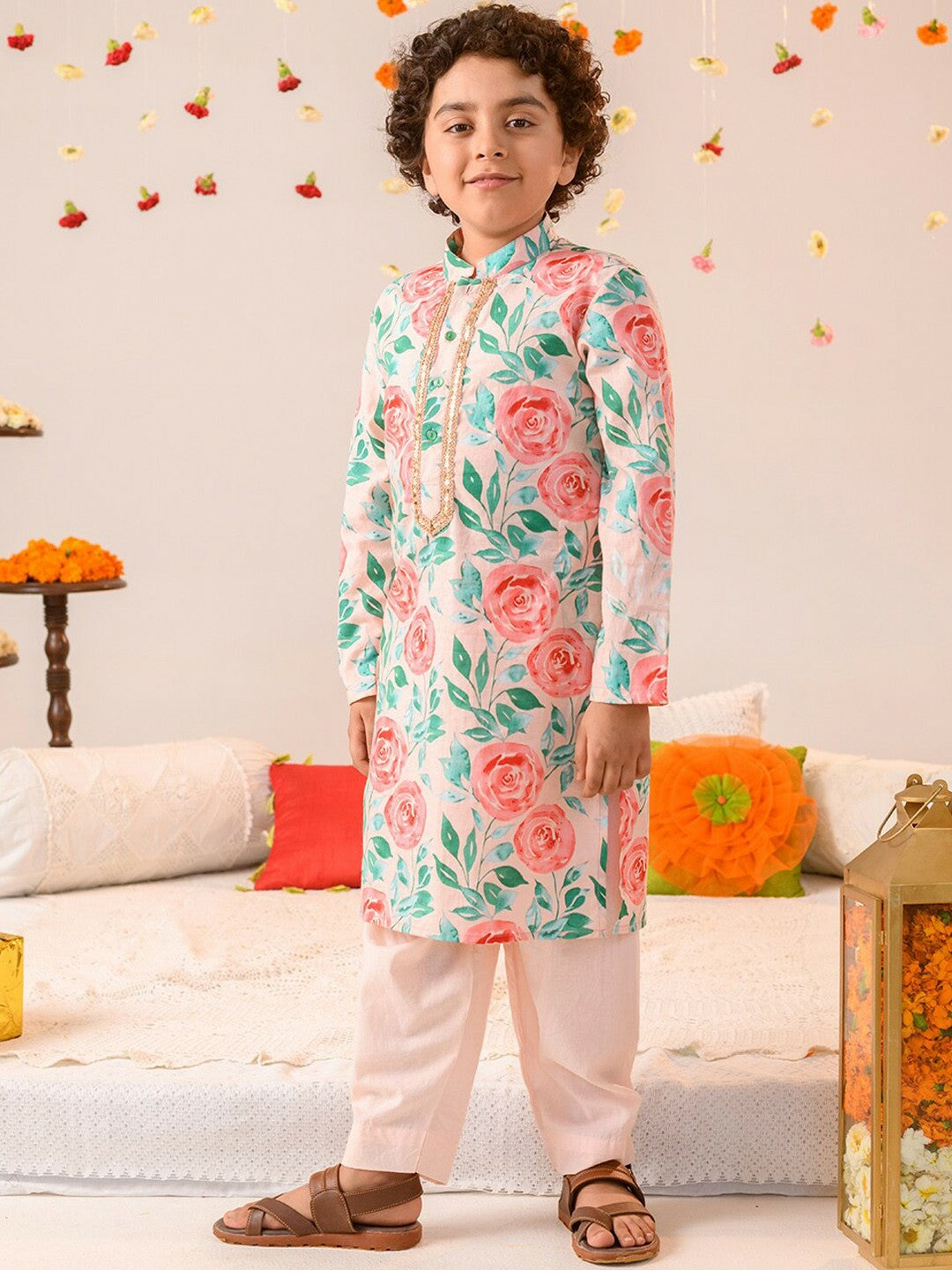 Boys Floral Printed Pure Cotton Kurta with Pyjamas – Ethnic Wear for Festivals & Weddings