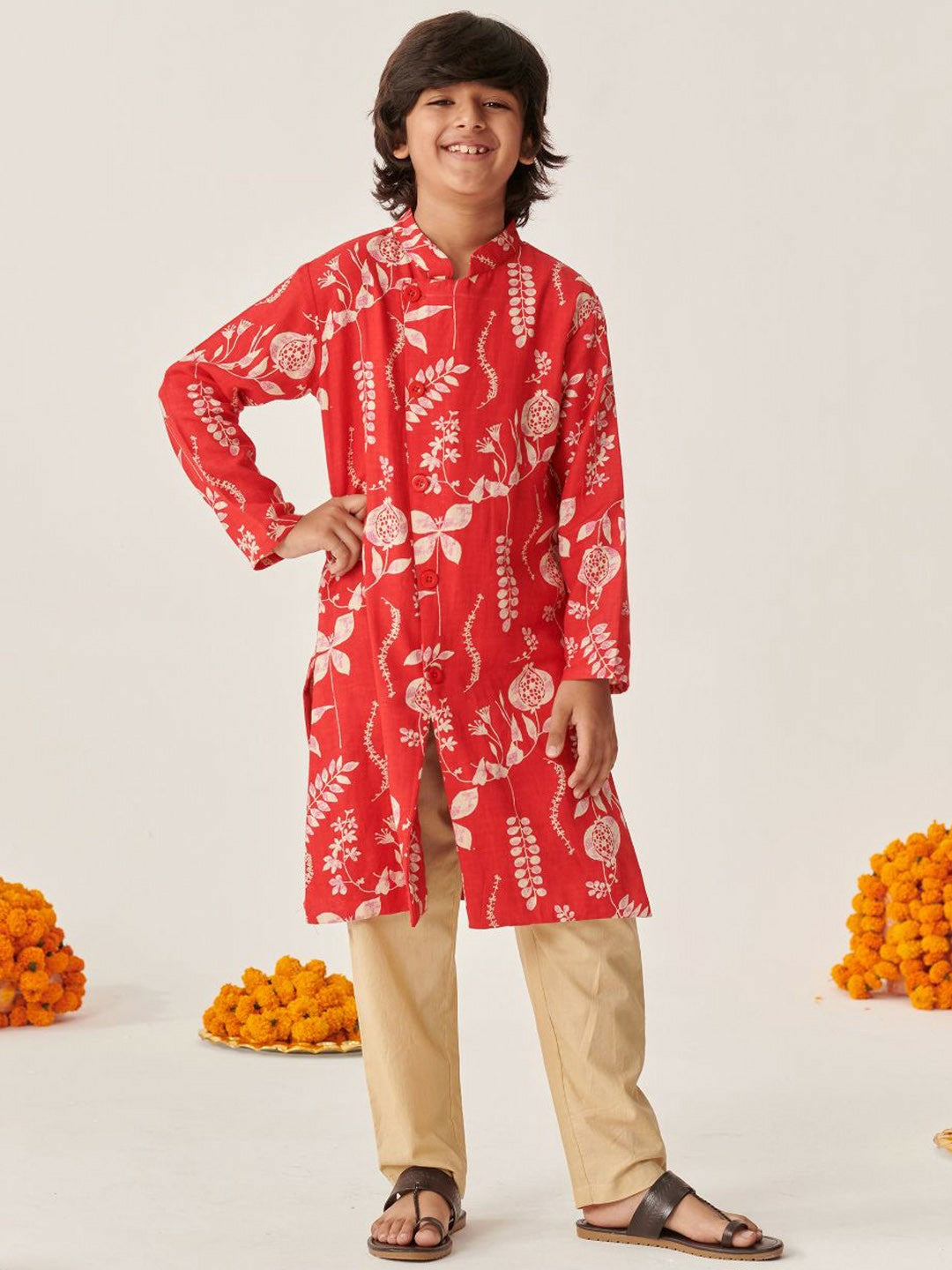 Boys Floral Printed Angrakha Kurta with Pyjama – Ethnic Indian Outfit for Weddings & Festivals