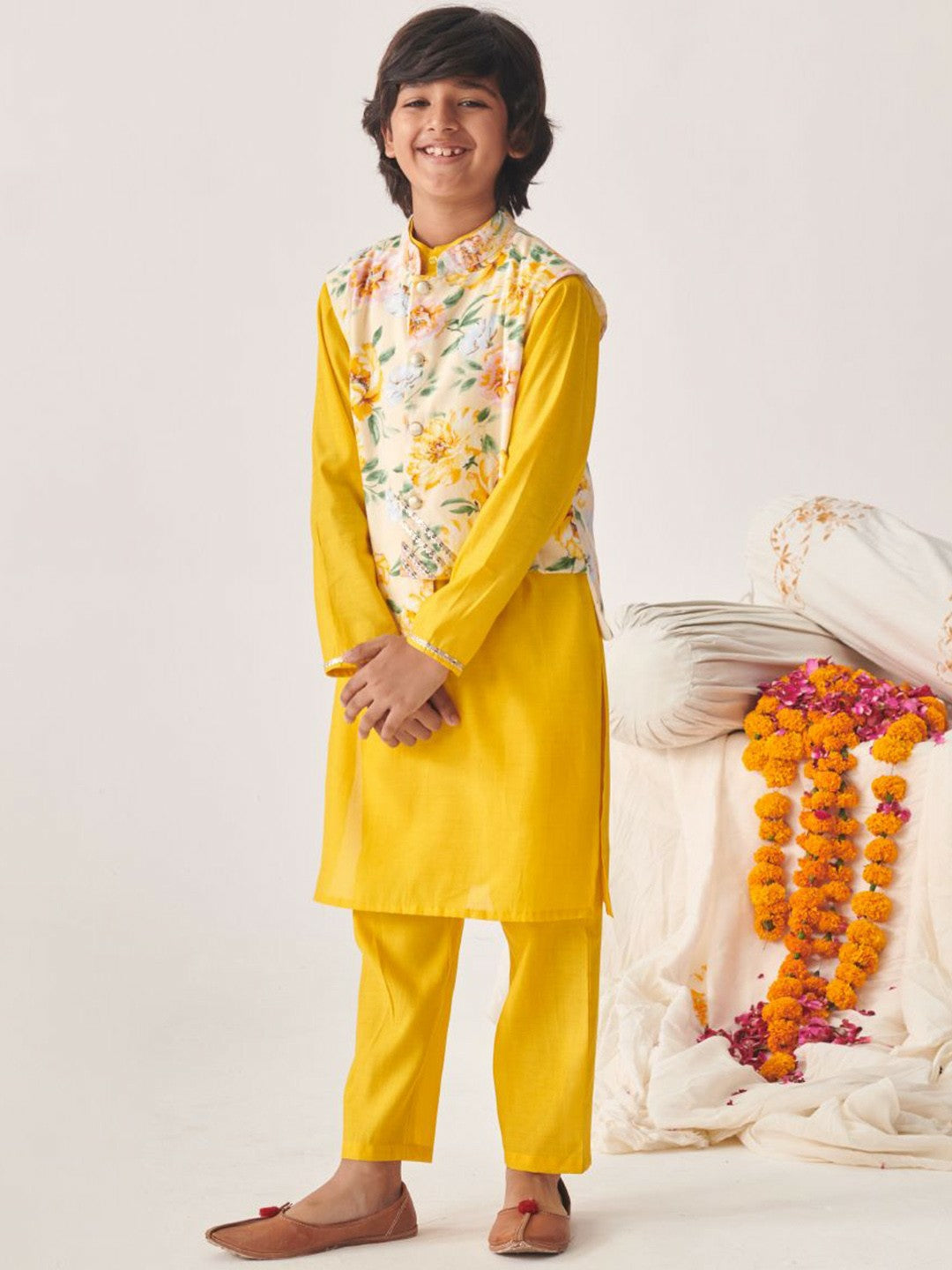 Boys Yellow Solid Kurta with Pyjama & Jacket – Silk Blend Ethnic Wear for Weddings & Festivals