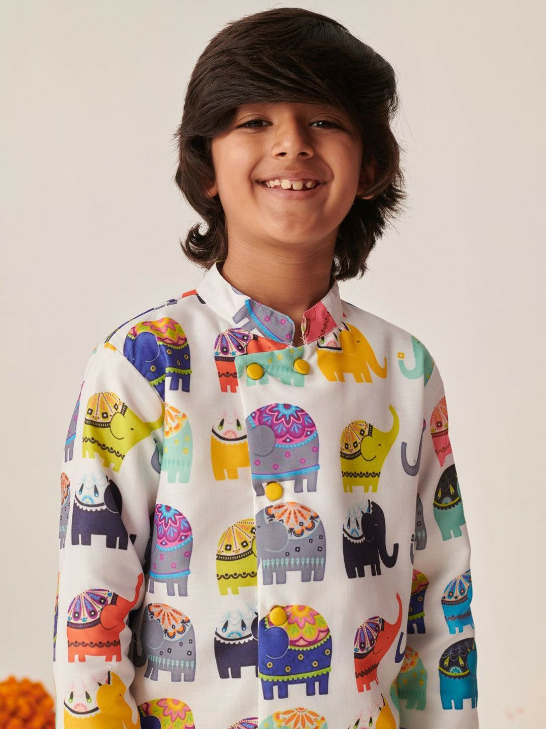 White Animal Printed Angrakha Kurta with Dhoti Pants – Ethnic Outfit for Boys