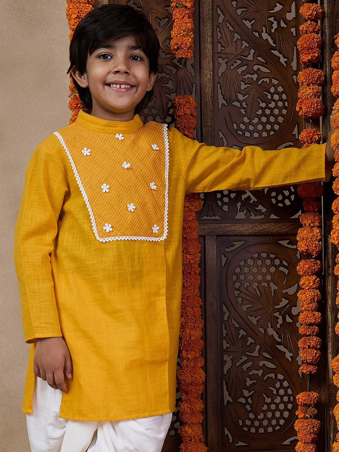 Mustard Yellow Yoke Design Kurta with Dhoti Pants – Ethnic Wear for Boys | Festive & Wedding Outfit