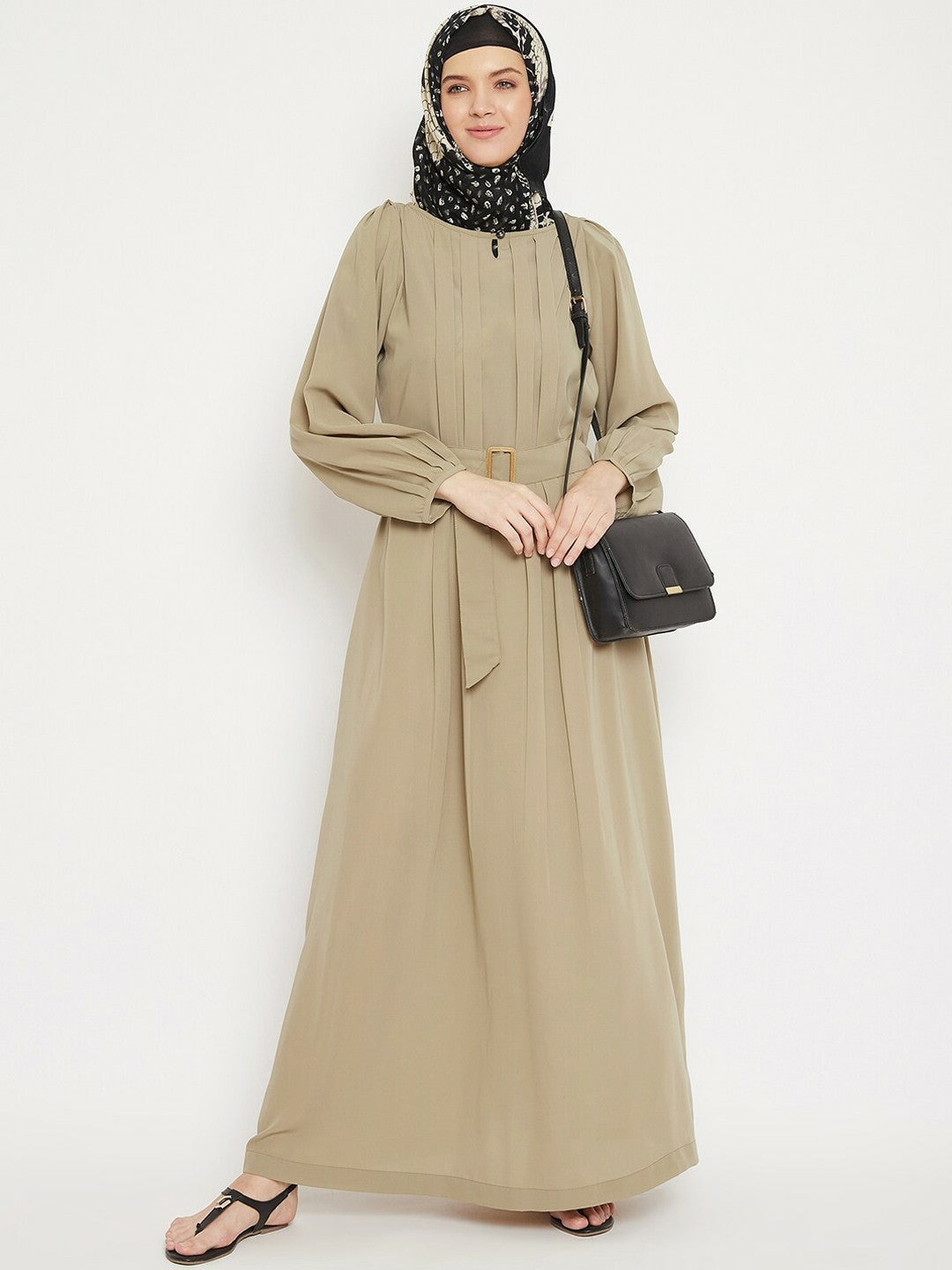 Elegant Beige Solid Abaya with Waist Belt – Modest Islamic Wear | Indiaista