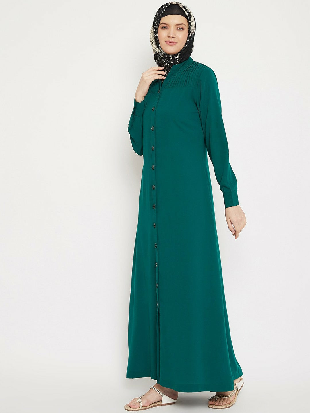 Women’s Green Solid Abaya – Front Open Modest Dress with Pleated Detail & Flared Hem