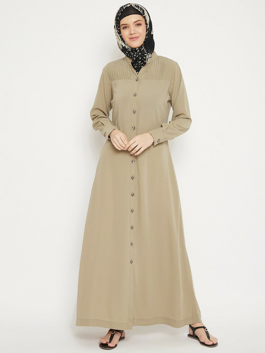 Beige Solid Burqa for Women – Modest Islamic Wear with Button Closure & Flared Hem