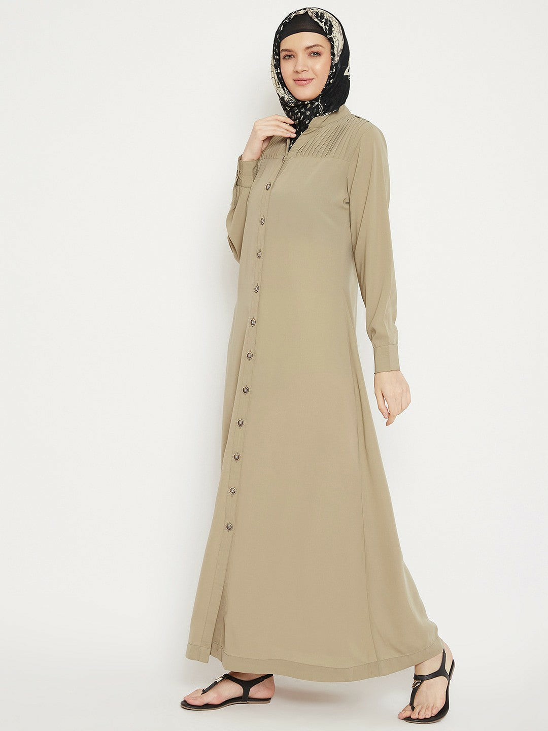 Beige Solid Burqa for Women – Modest Islamic Wear with Button Closure & Flared Hem