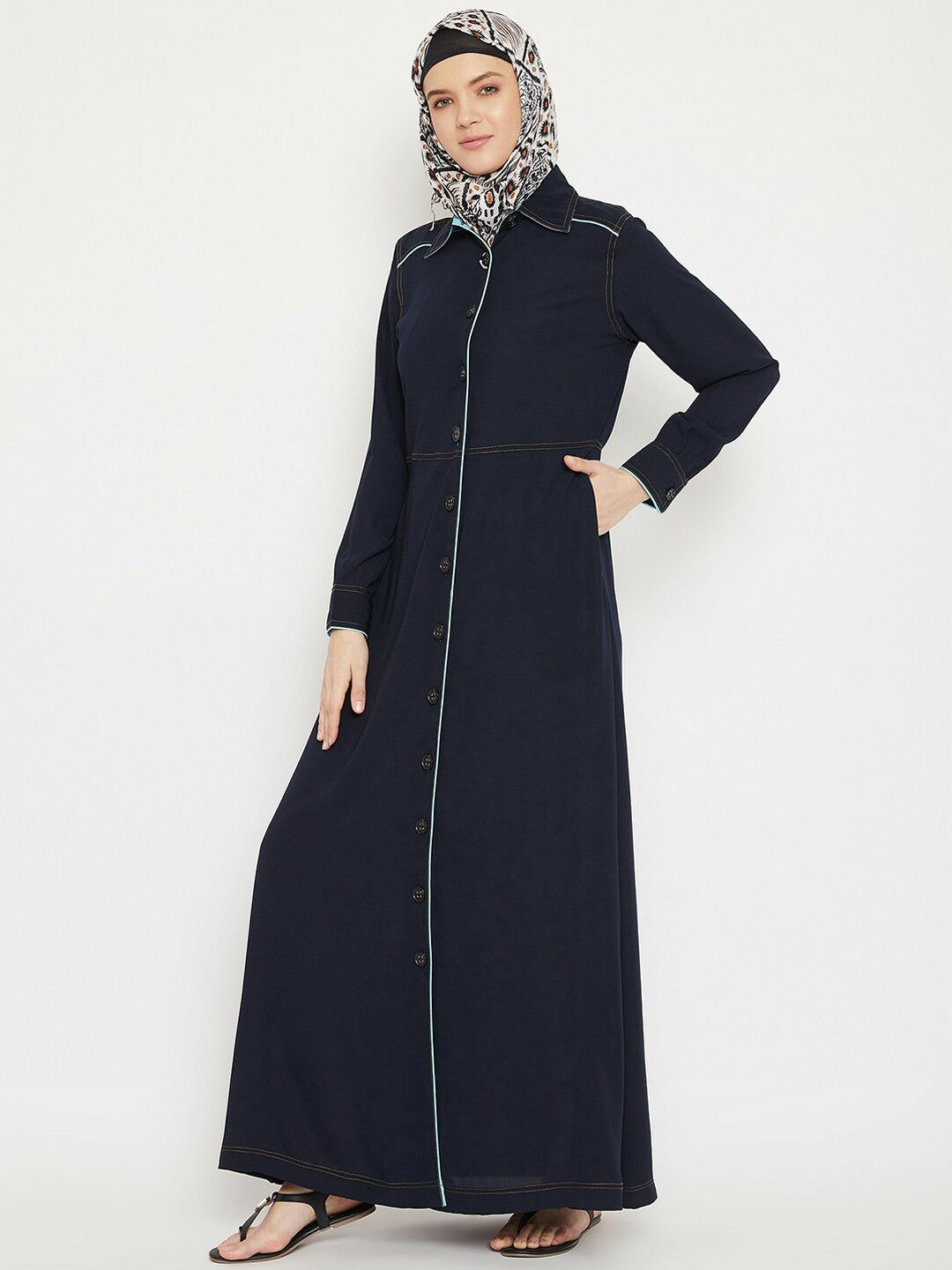Women’s Navy Blue Solid Abaya – Front Open Modest Wear with Button Closure