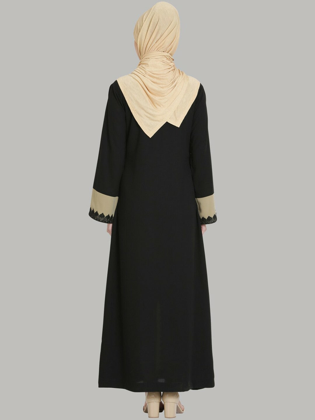 Black & Beige Solid Lace Burqa – Elegant Modest Wear with Pleated Design & Flared Hem