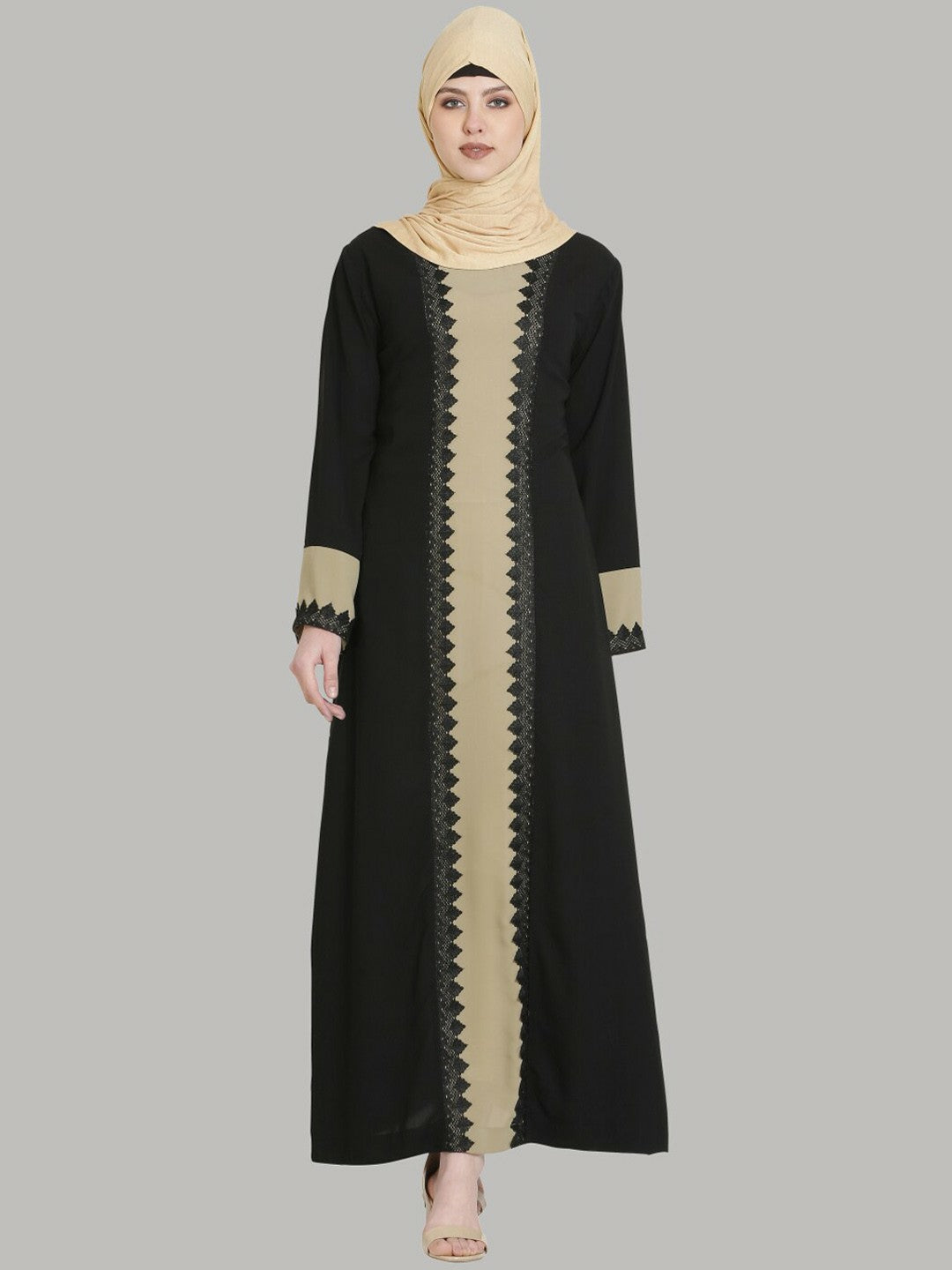 Black & Beige Solid Lace Burqa – Elegant Modest Wear with Pleated Design & Flared Hem