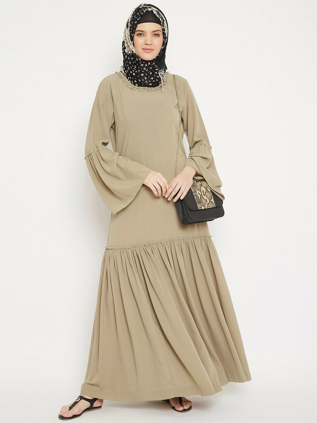 Beige Solid Abaya Burqa for Women – Modest Islamic Wear with Flared Hem & Pockets