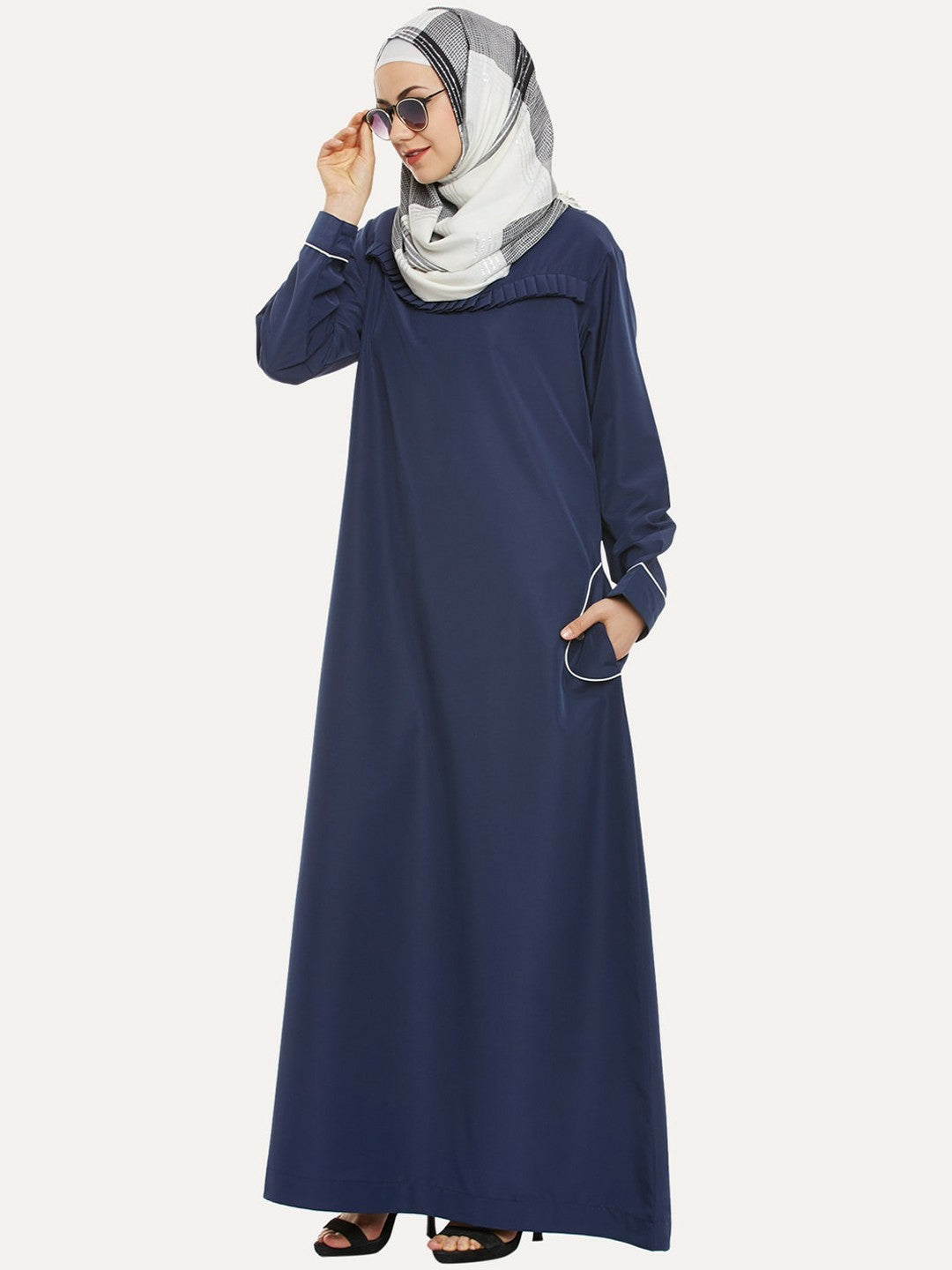 Navy Blue Solid Abaya Burqa – Modest Islamic Wear with Button Closure & Flared Hem