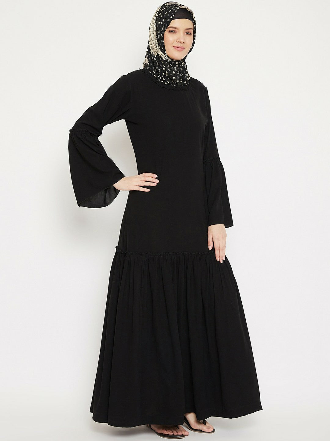 Elegant Black Solid Longline Burqa – Modest Islamic Wear with Gathered Detail