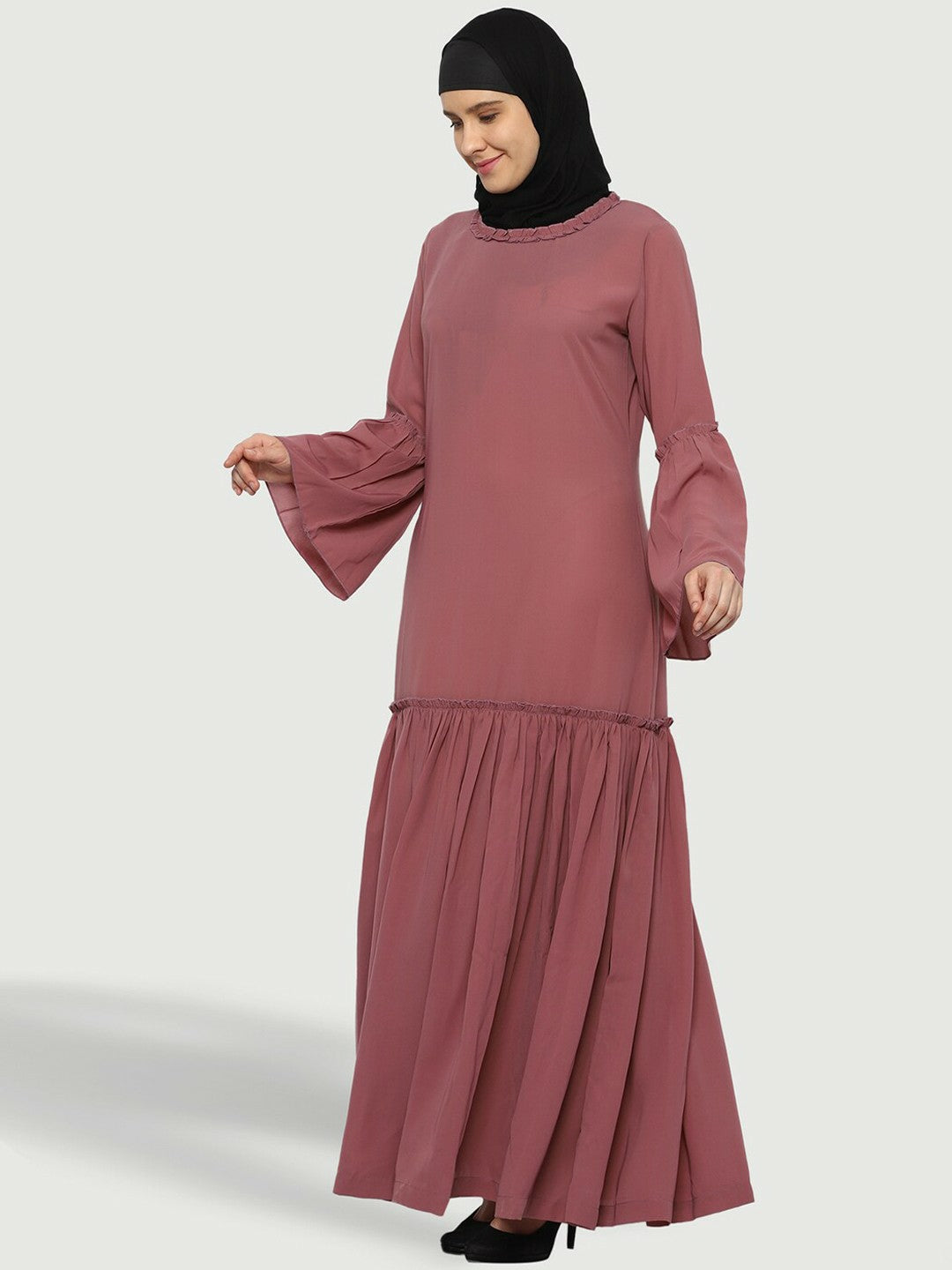 Rose-Coloured Abaya Burqa for Women – Modest Islamic Wear with Pockets & Flared Hem