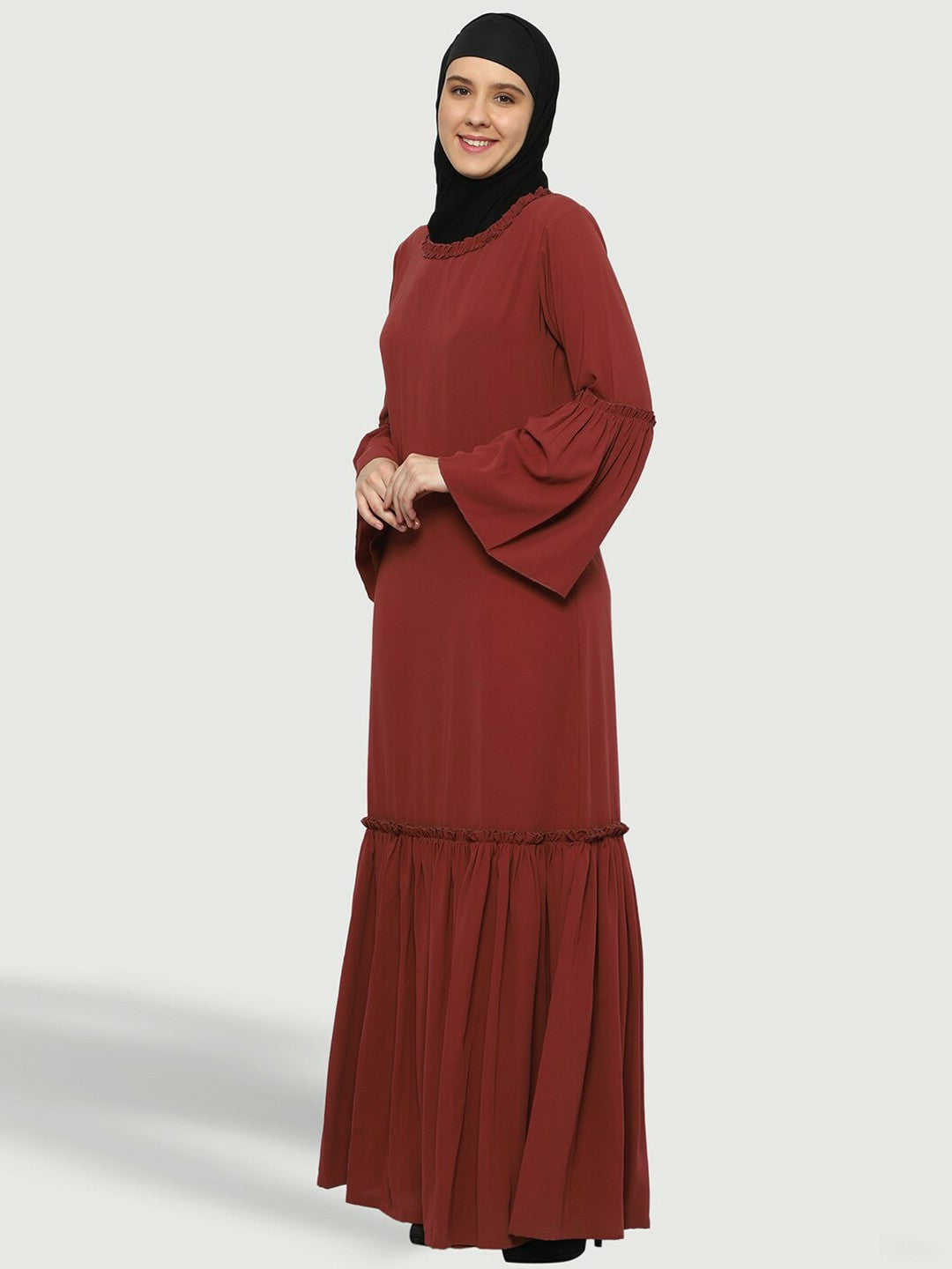 Maroon Solid Abaya Burqa for Women – Modest Islamic Wear with Flared Sleeves & Slip-On Closure